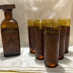 Vintage Amber Glass Decanter Set with Leather Wrap